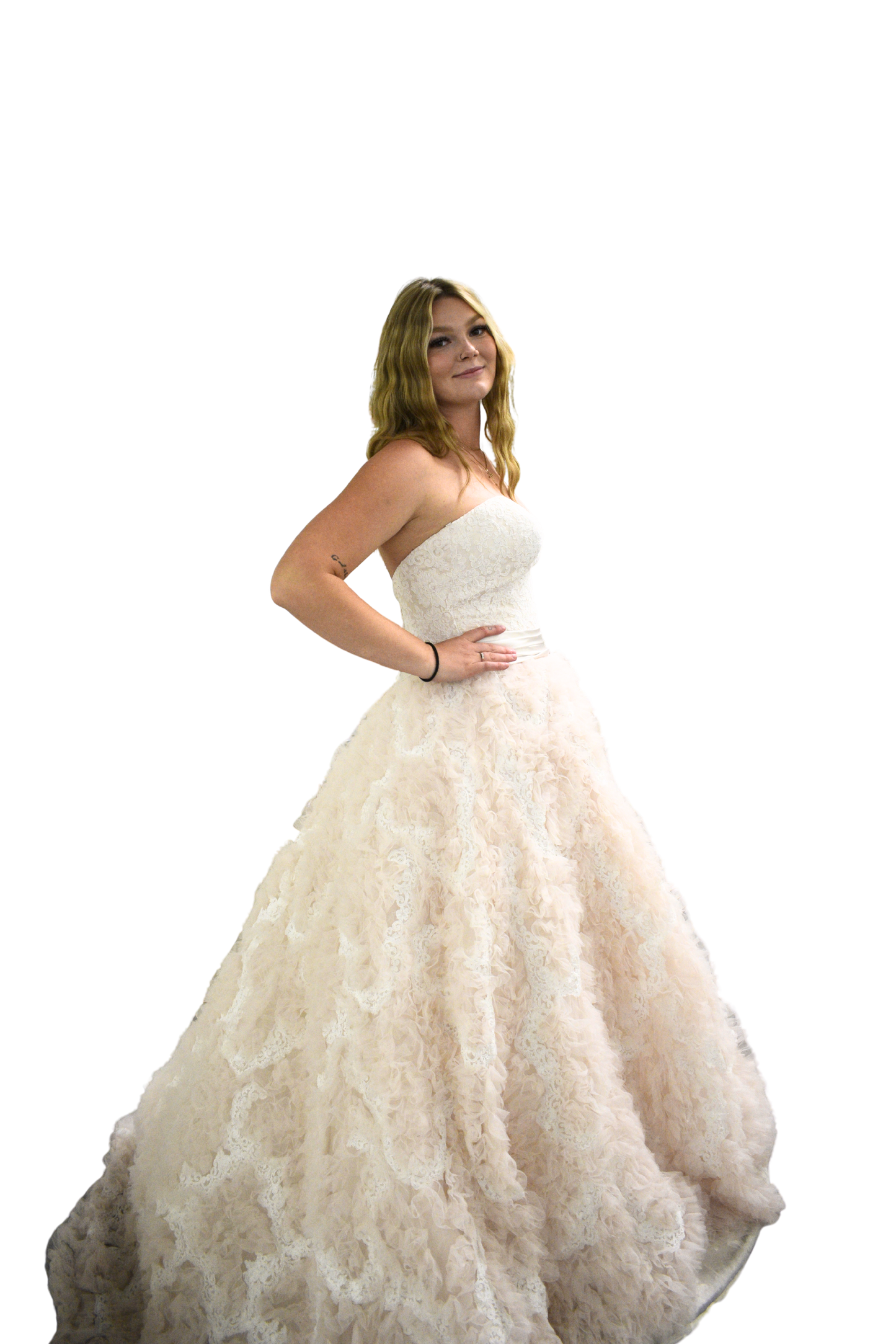 Blush Strapless Ball Gown with Textured Rosette Skirt & Satin Waistband