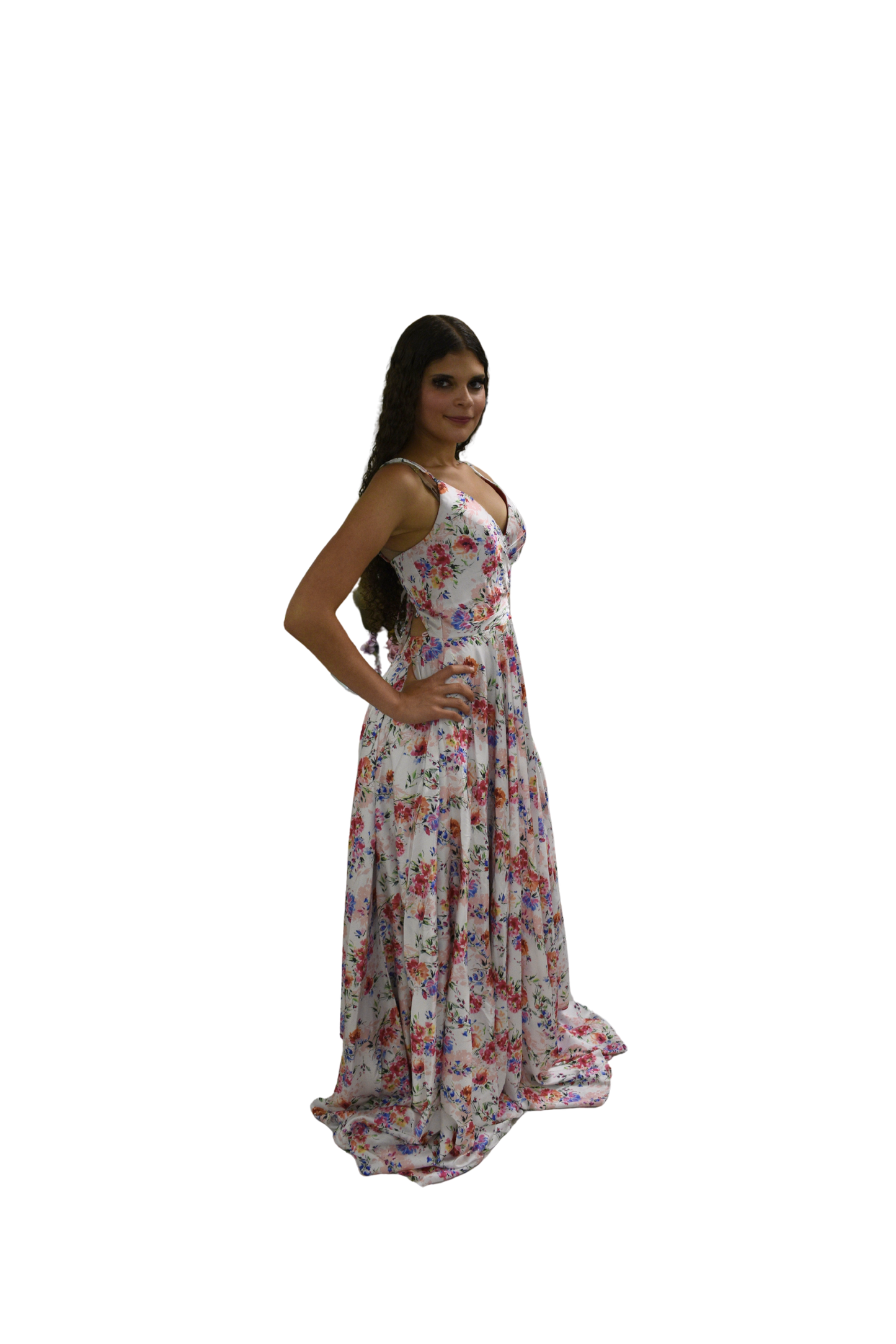 Floral Chiffon A-Line Gown with V-Neckline & Spaghetti Strap