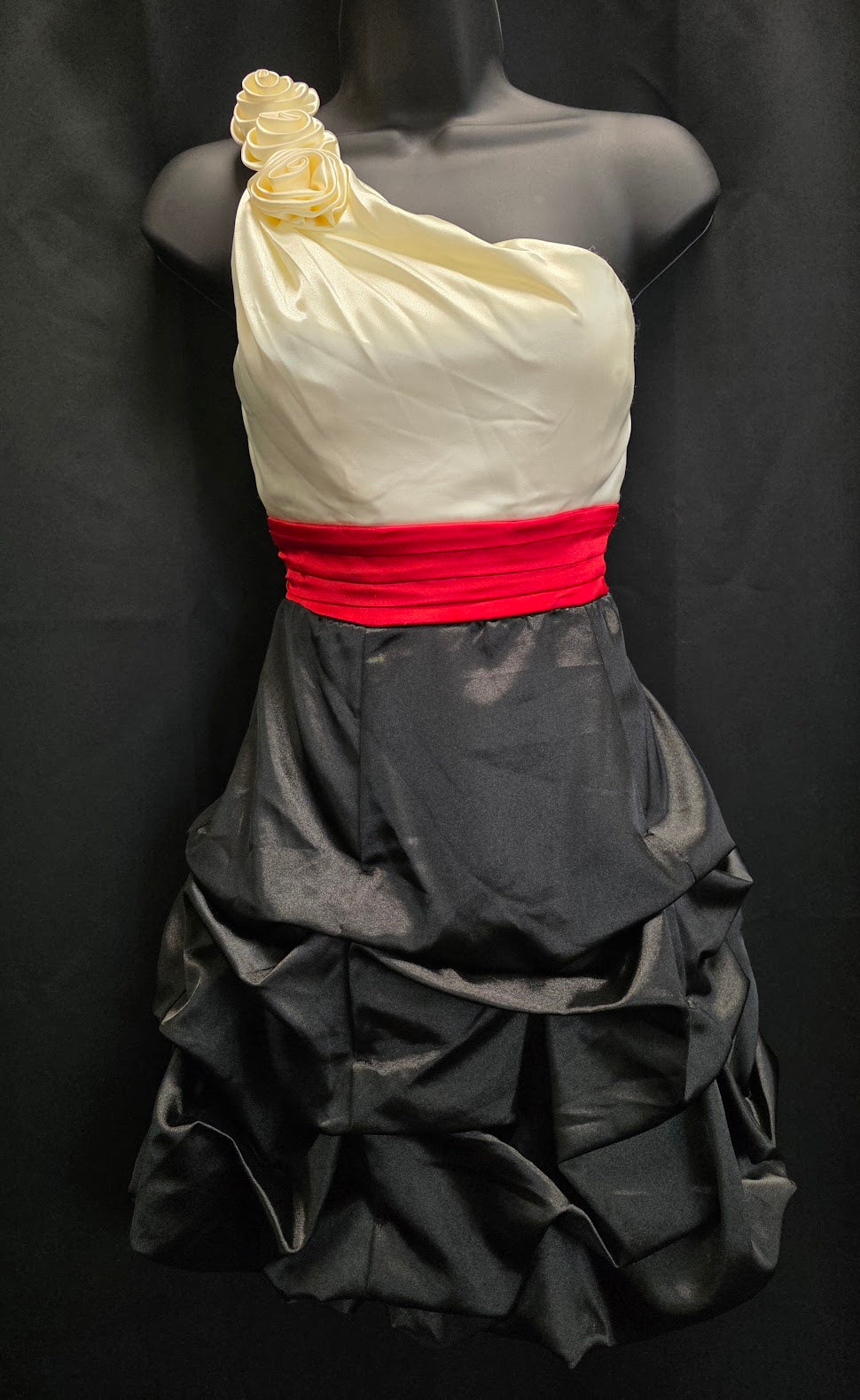 One Shoulder 3D Floral Detail Red Waistband with Parachute Ruched Skirt