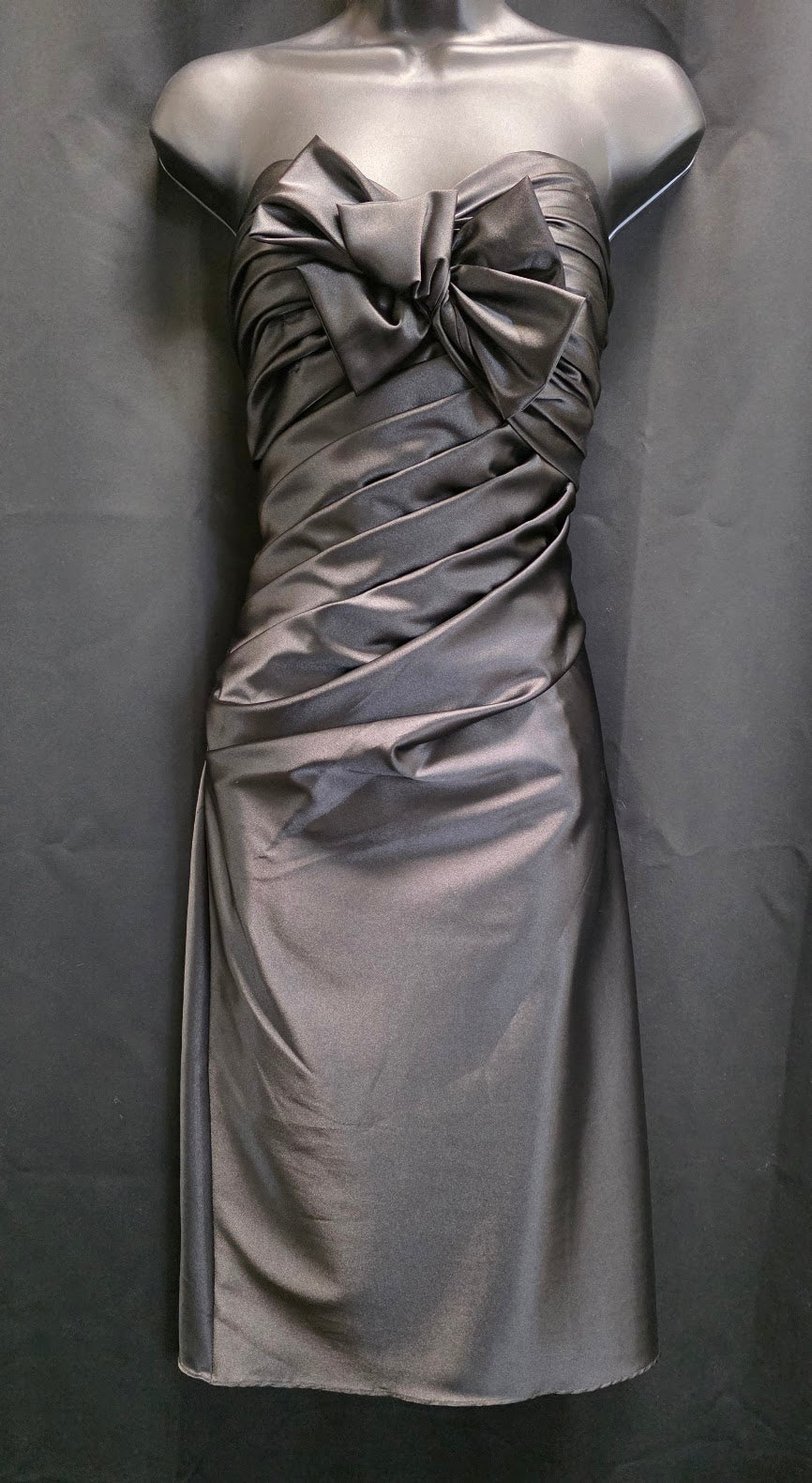 Satin Asymmetrical Pleats with Bow Bodice Detail