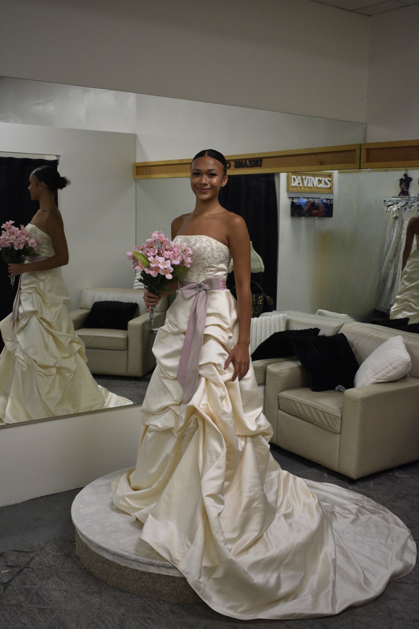 Ivory Strapless Satin Ball Gown with Beaded Lace Bodice & Lavender Sash