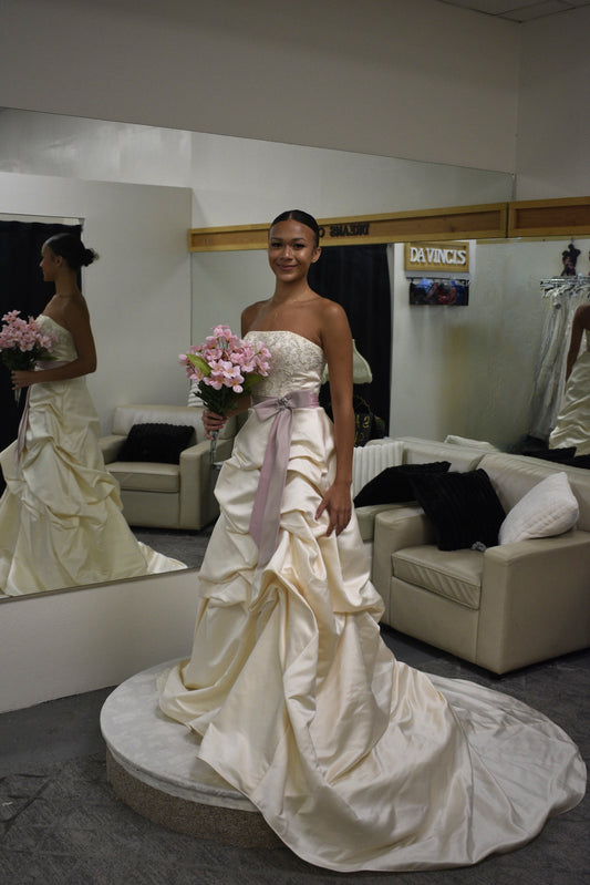 Ivory Strapless Satin Ball Gown with Beaded Lace Bodice & Lavender Sash