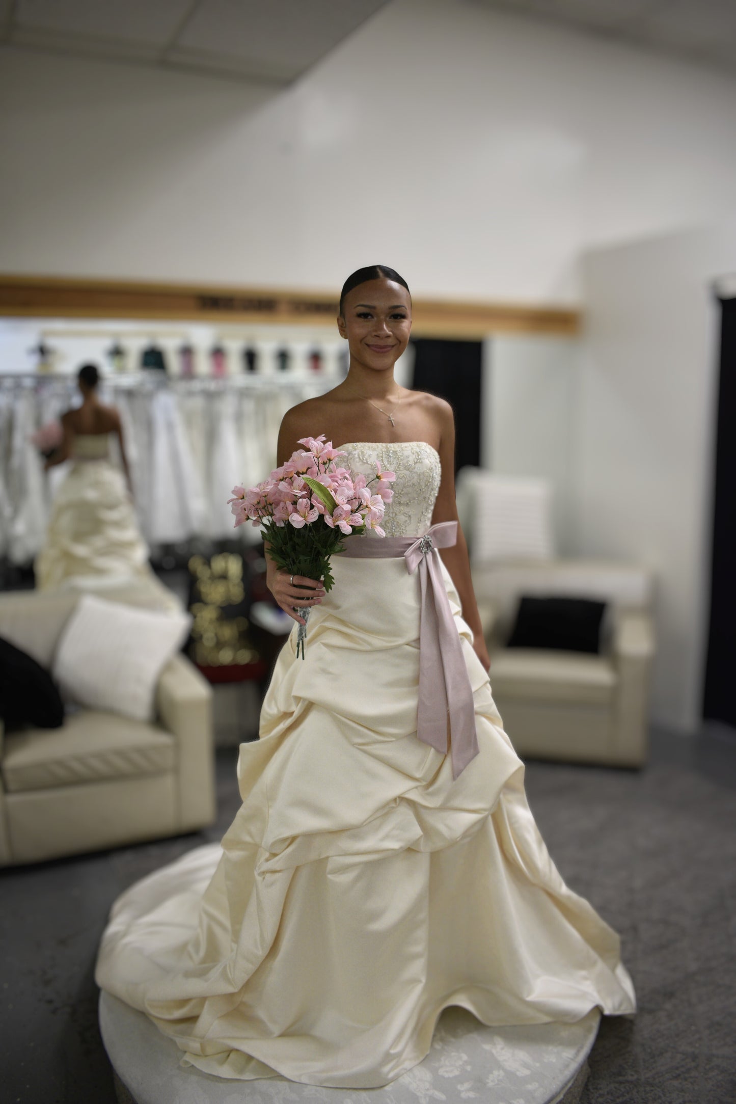 Ivory Strapless Satin Ball Gown with Beaded Lace Bodice & Lavender Sash