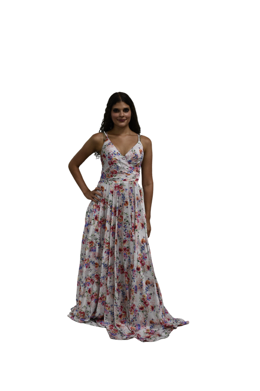Floral Chiffon A-Line Gown with V-Neckline & Spaghetti Strap