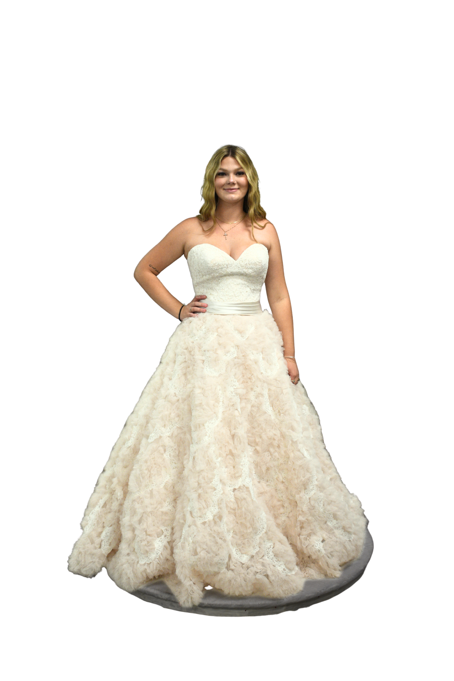 Blush Strapless Ball Gown with Textured Rosette Skirt & Satin Waistband