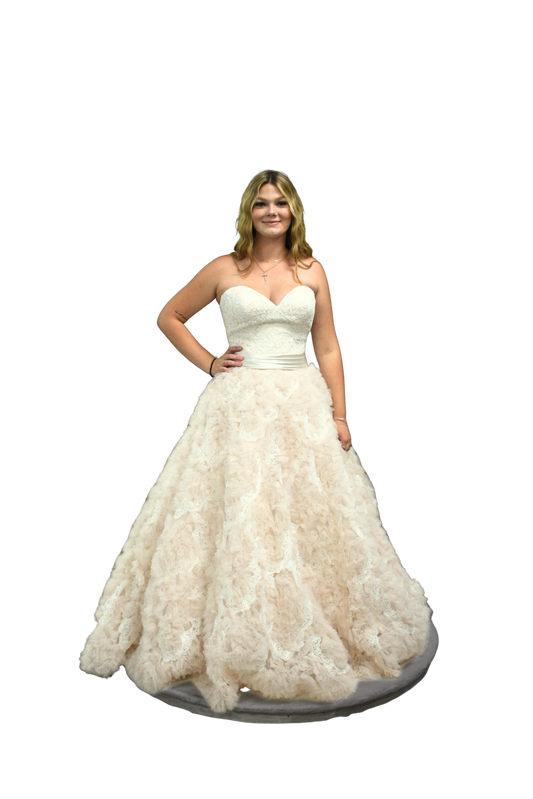 Blush Strapless Ball Gown with Textured Rosette Skirt & Satin Waistband