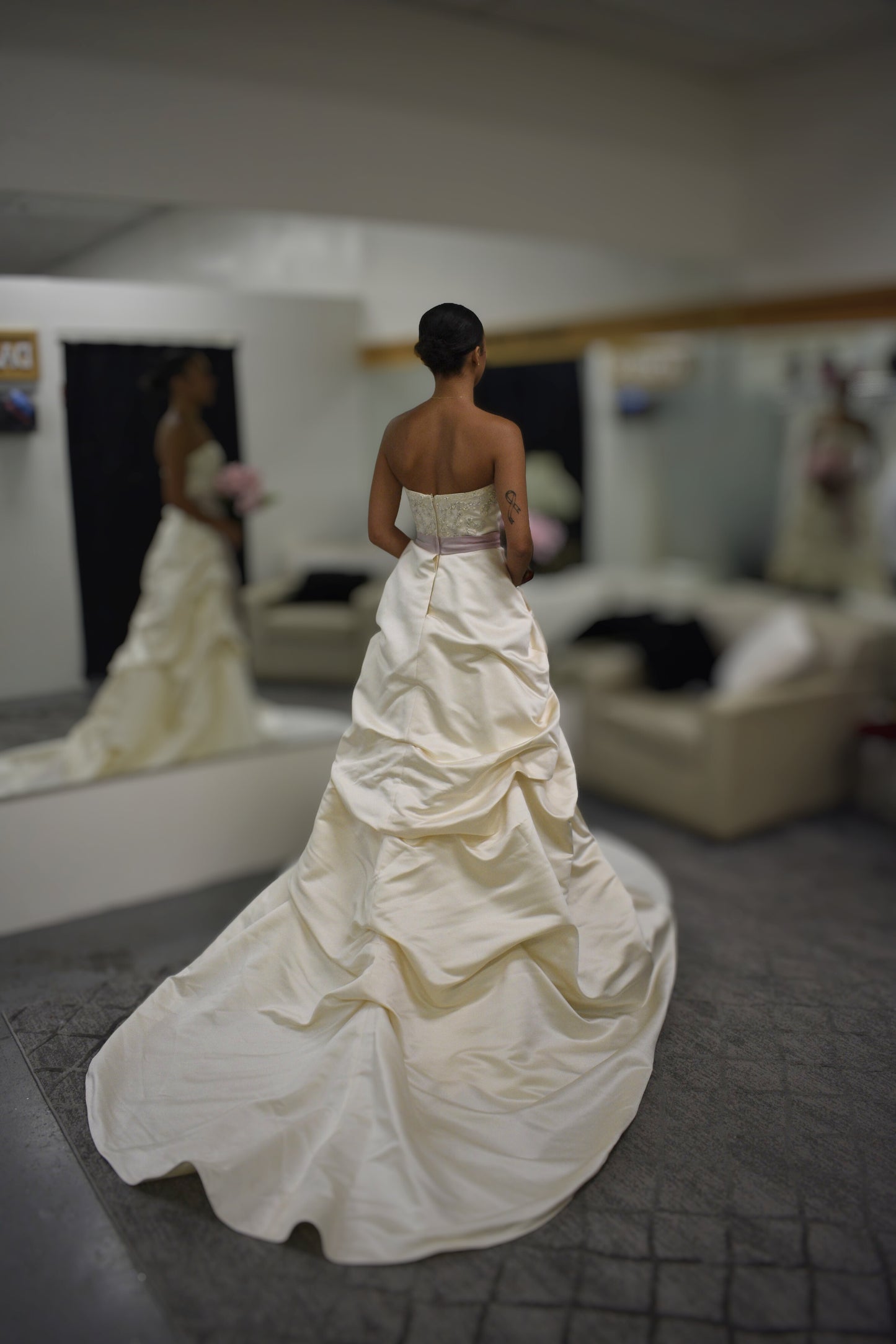 Ivory Strapless Satin Ball Gown with Beaded Lace Bodice & Lavender Sash