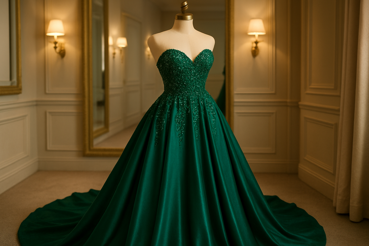 Emerald quinceañera ball gown in an elegant showroom